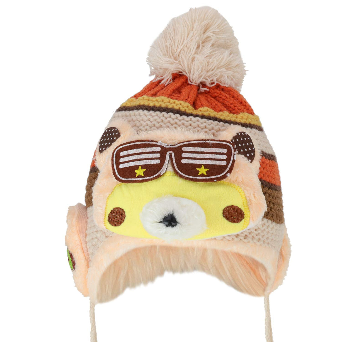 Trendy Apparel Shop Kid's Racoon Animal Fur Trimmed Pom Knit Beanie Hat