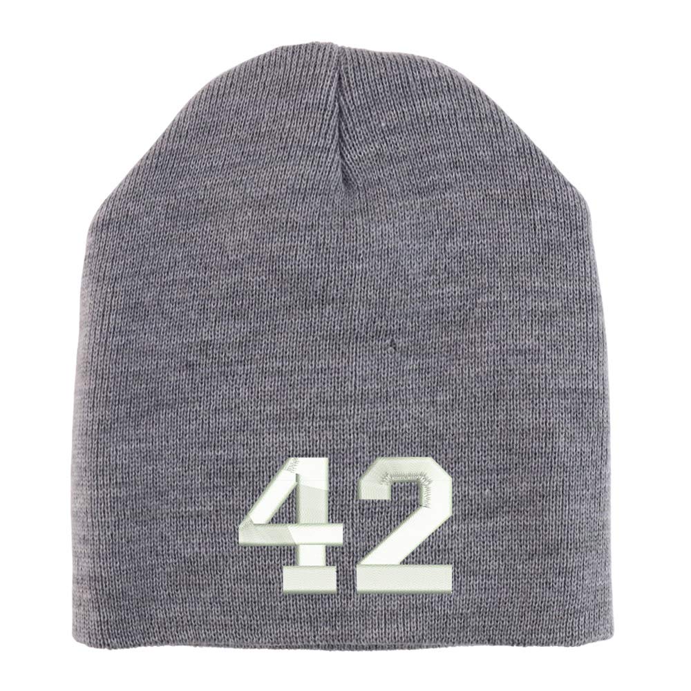 Trendy Apparel Shop Number 42 Collegiate Varsity Font Embroidered Made in USA Short Acrylic Knit Winter Beanie Hat