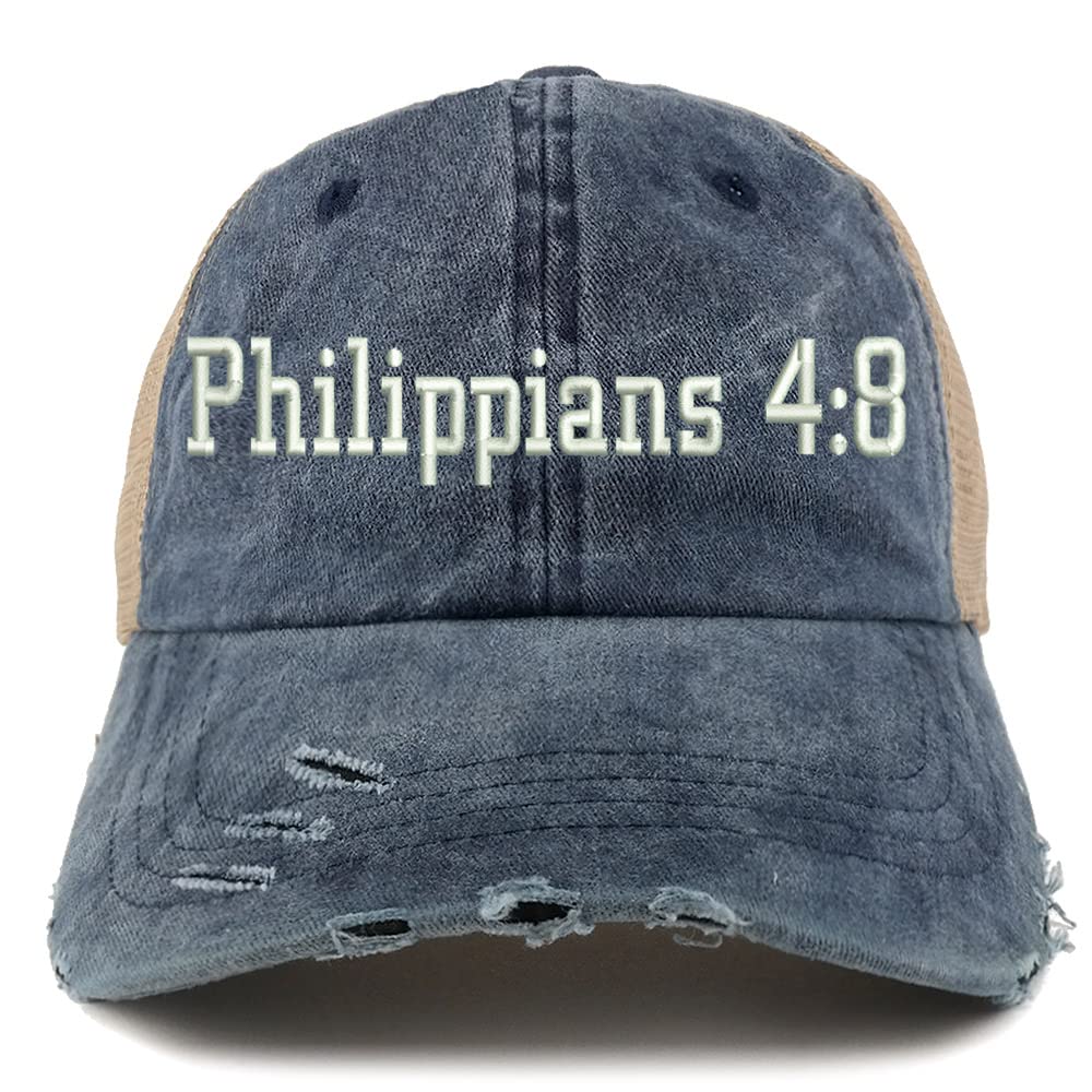Trendy Apparel Shop Philippians 4:8 Frayed Bill Trucker Mesh Back Cap