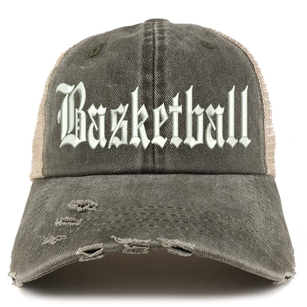 Trendy Apparel Shop Old English Basketball Frayed Bill Trucker Mesh Back Cap