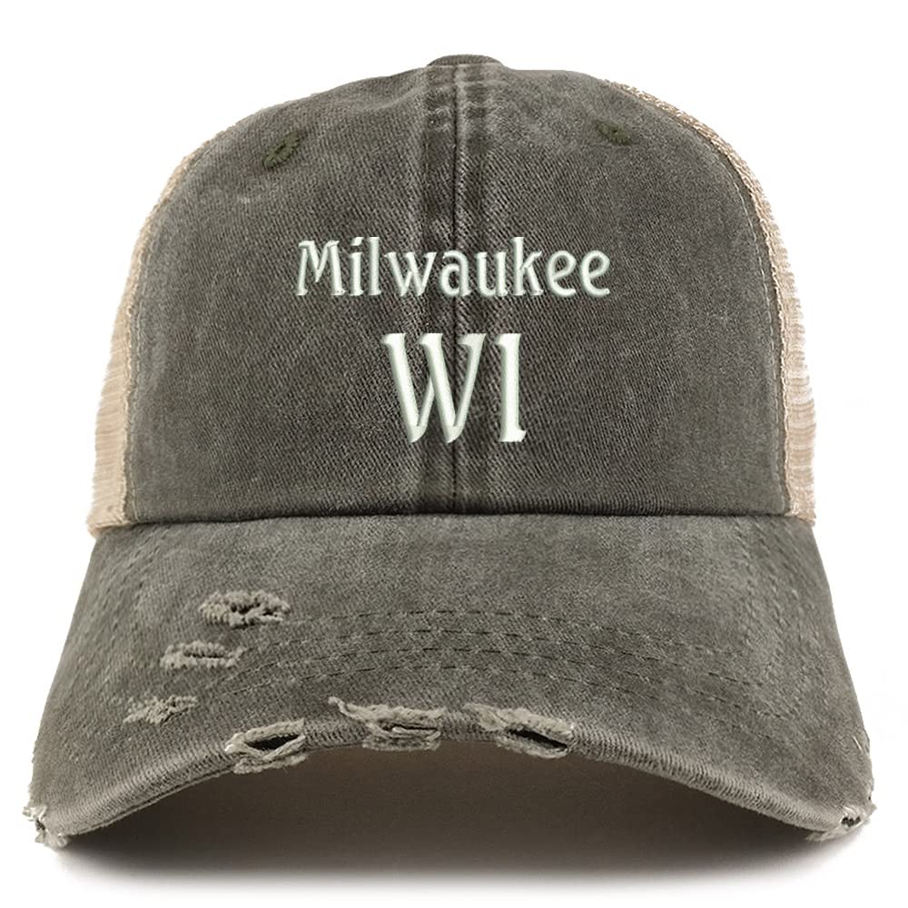 Trendy Apparel Shop Milwaukee WI Embroidered Frayed Bill Trucker Mesh Back Cap