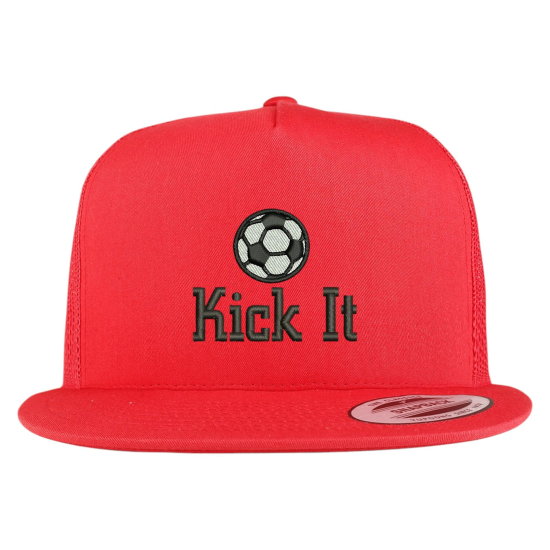 Trendy Apparel Shop Soccer Kick It Embroidered 5 Panel Flatbill Trucker Mesh Cap