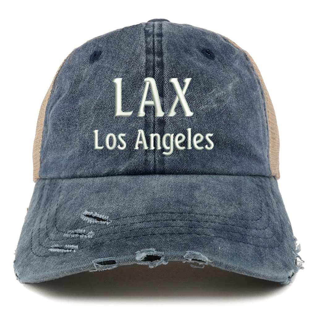 Trendy Apparel Shop LAX Los Angeles Embroidered Frayed Bill Trucker Mesh Back Cap