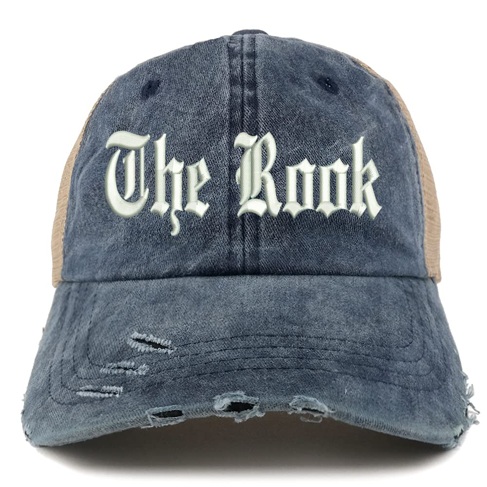 Trendy Apparel Shop The Rook Old English Embroidered Frayed Bill Trucker Mesh Back Cap