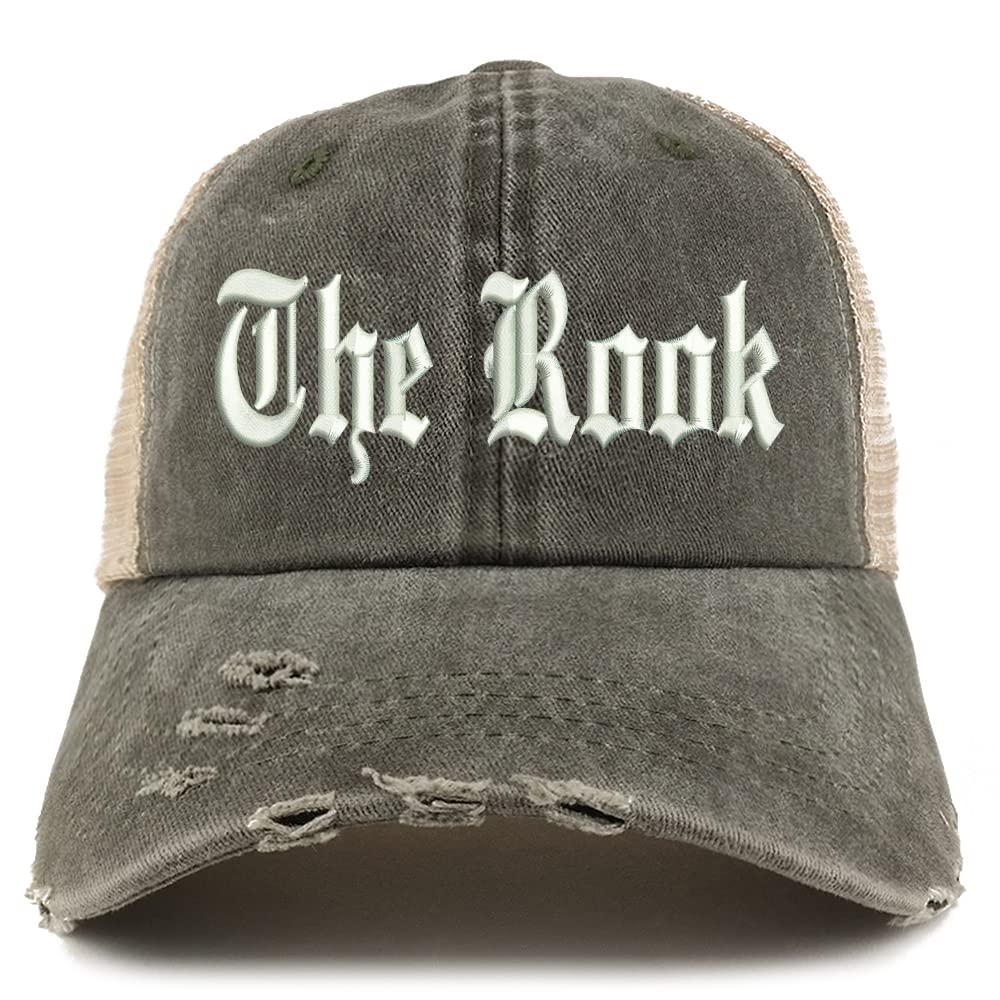 Trendy Apparel Shop The Rook Old English Embroidered Frayed Bill Trucker Mesh Back Cap