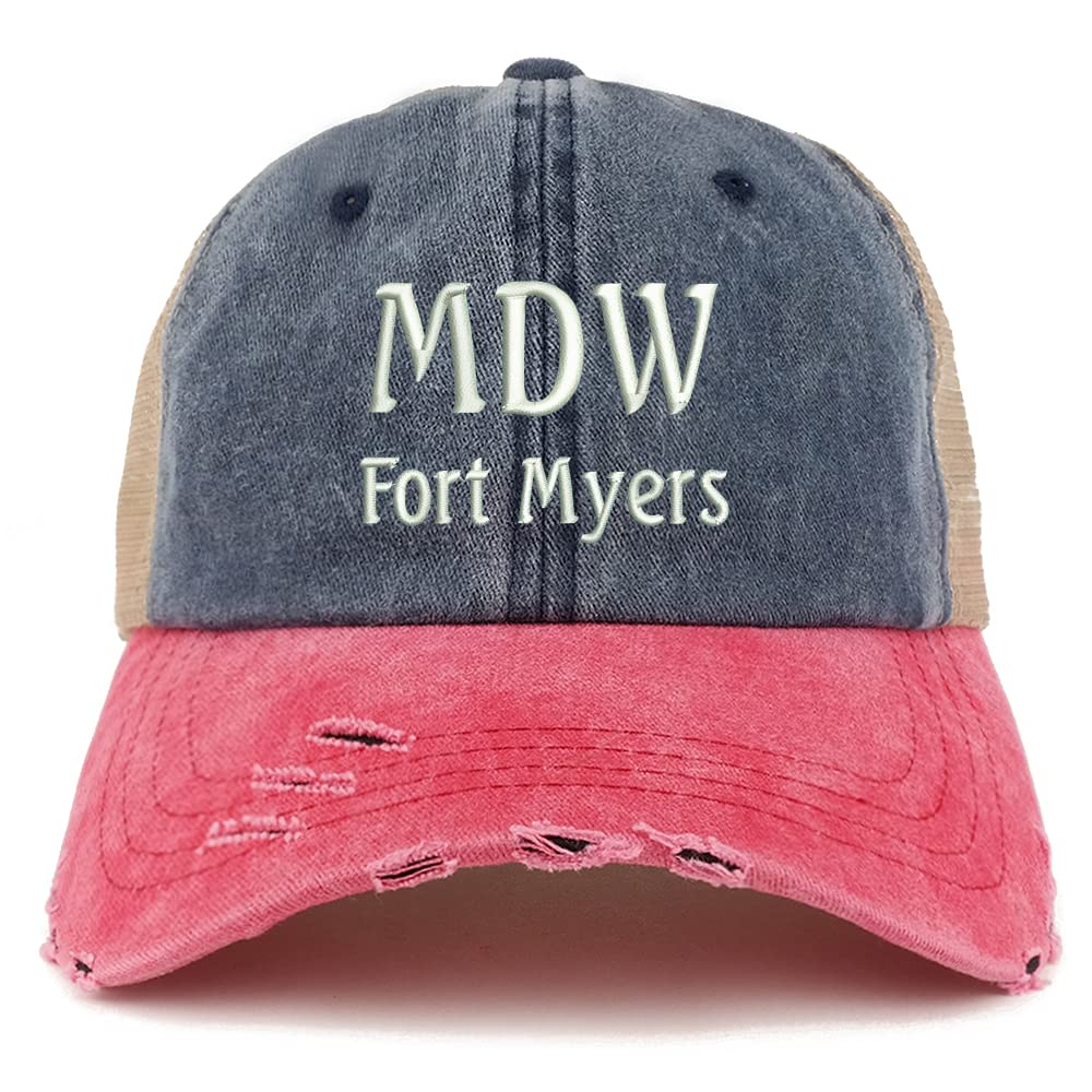 Trendy Apparel Shop MDW Fort Myers Embroidered Frayed Bill Trucker Mesh Back Cap