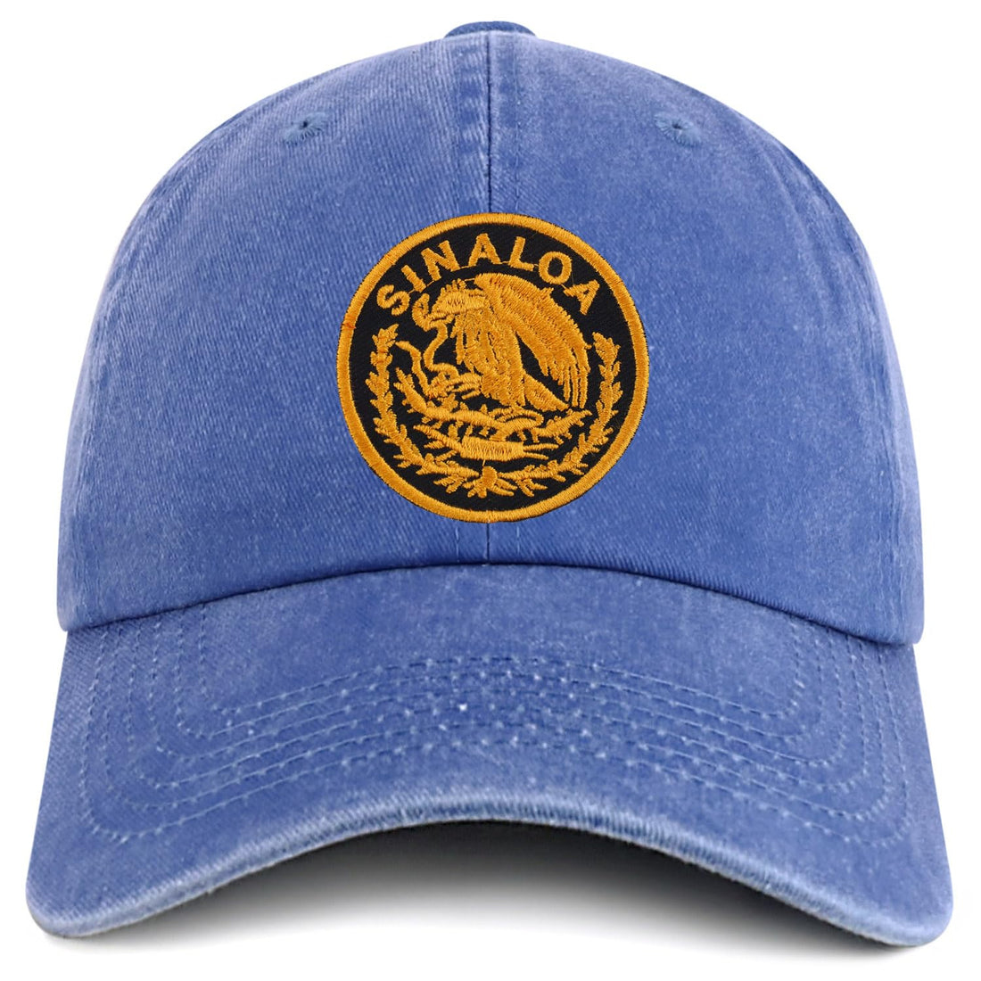 Trendy Apparel Shop Sinaloa Mexico Gold Embroidered Patch Pigment Dyed Washed Baseball Cap