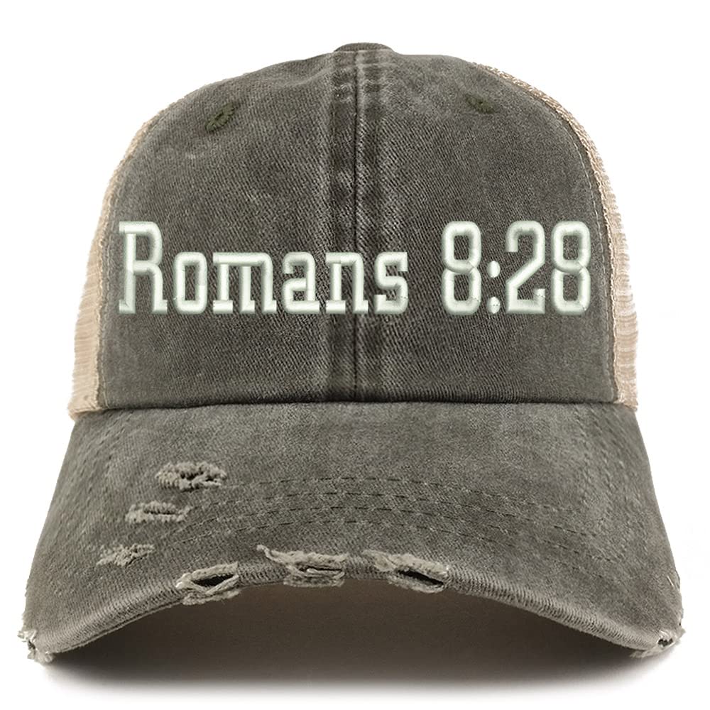 Trendy Apparel Shop Romans 8:28 Frayed Bill Trucker Mesh Back Cap