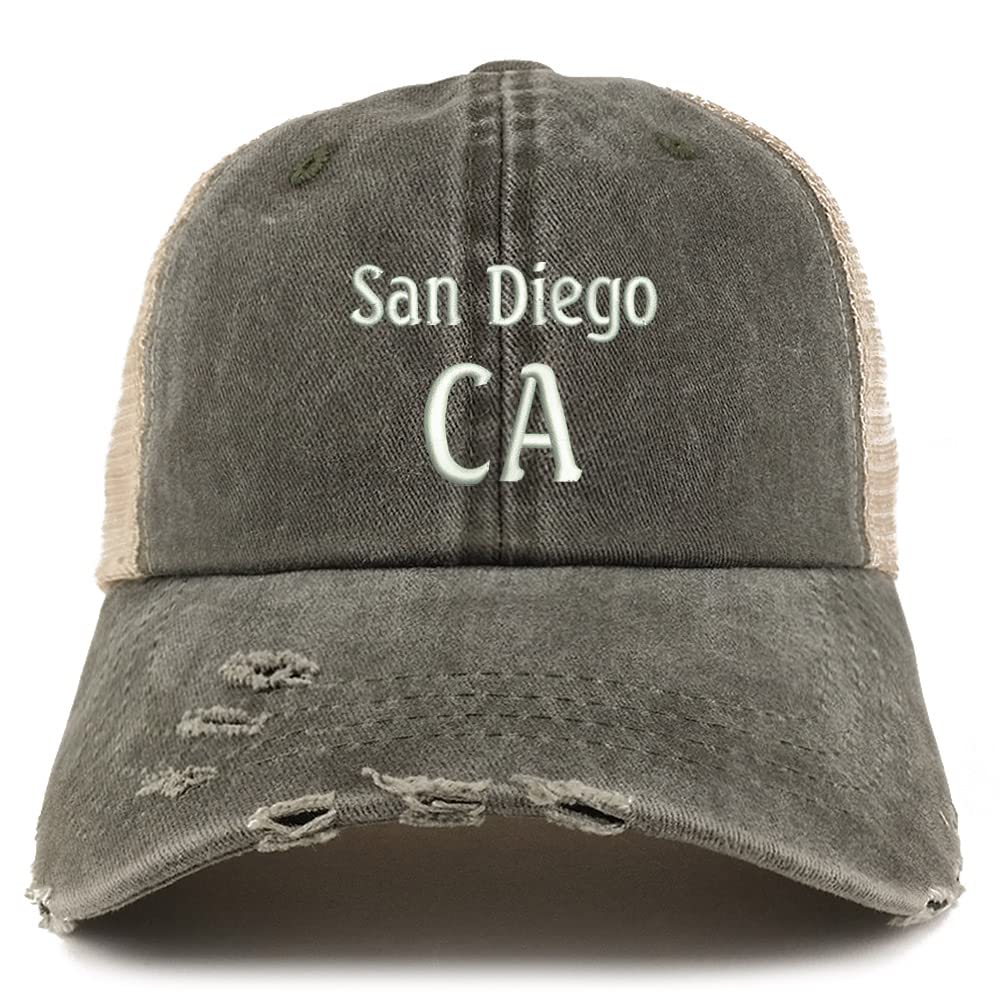Trendy Apparel Shop San Diego CA Embroidered Frayed Bill Trucker Mesh Back Cap
