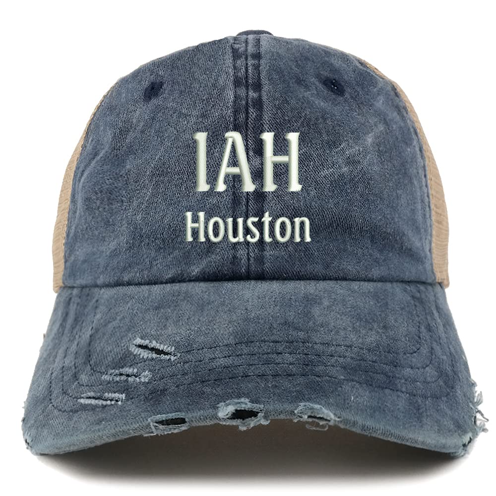 Trendy Apparel Shop IAH Houston Embroidered Frayed Bill Trucker Mesh Back Cap