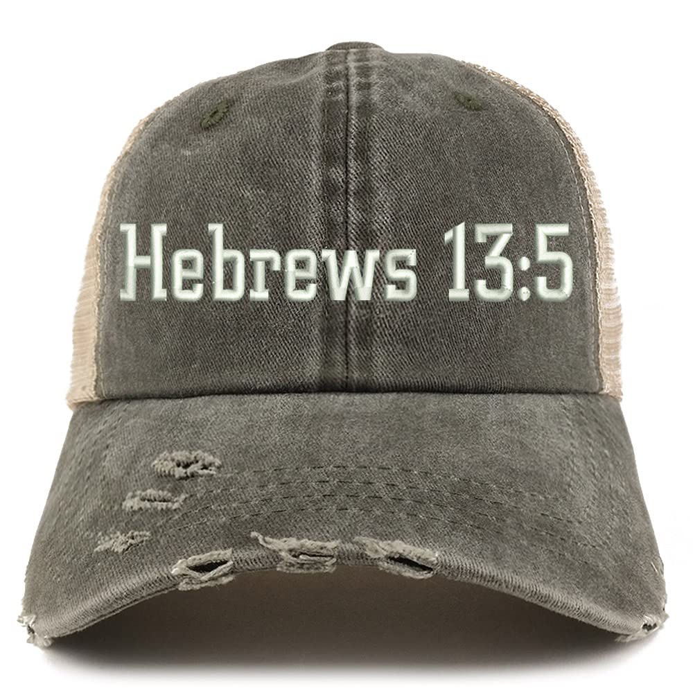 Trendy Apparel Shop Hebrews 13:5 Frayed Bill Trucker Mesh Back Cap