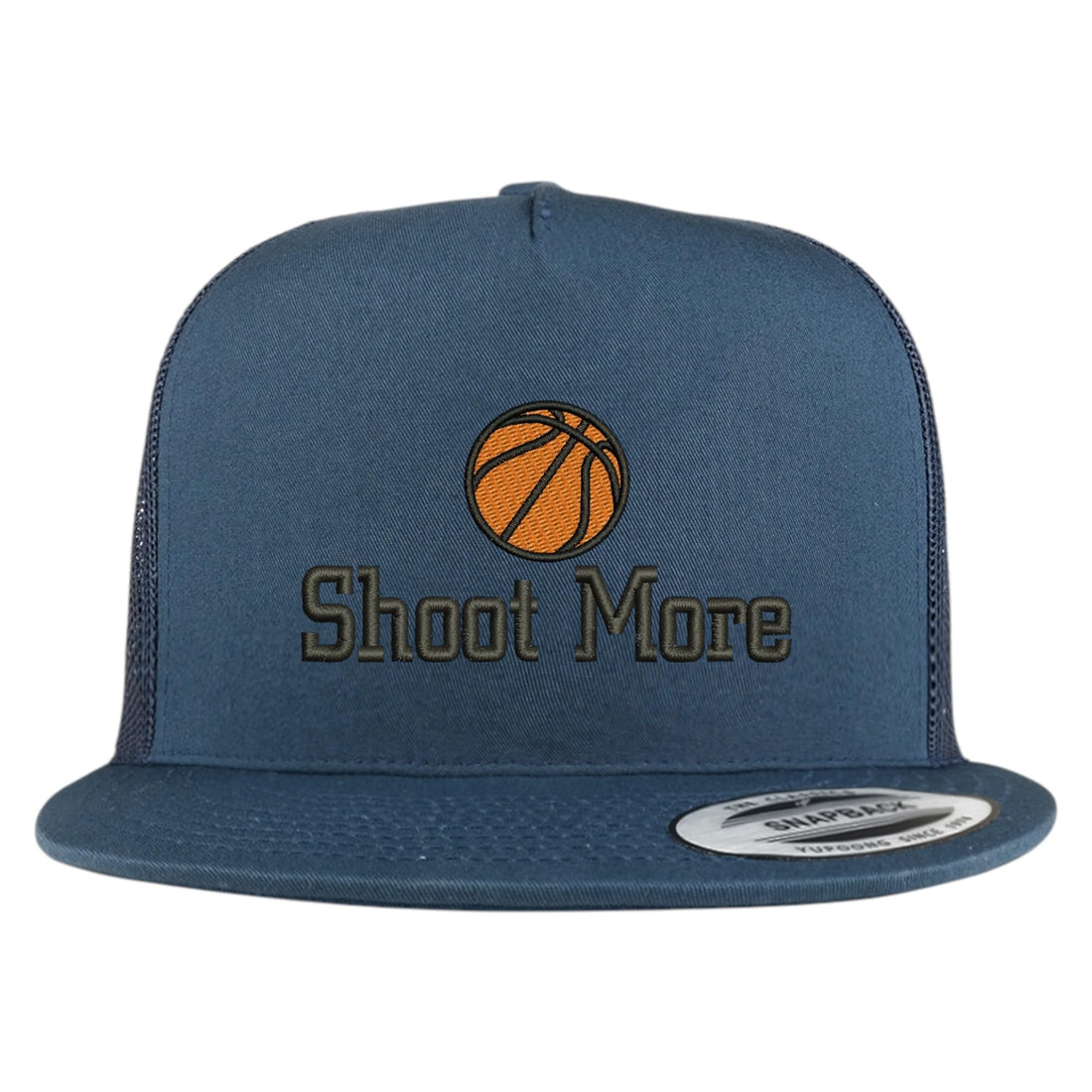 Trendy Apparel Shop Basketball Shoot More Embroidered 5 Panel Flatbill Trucker Mesh Cap