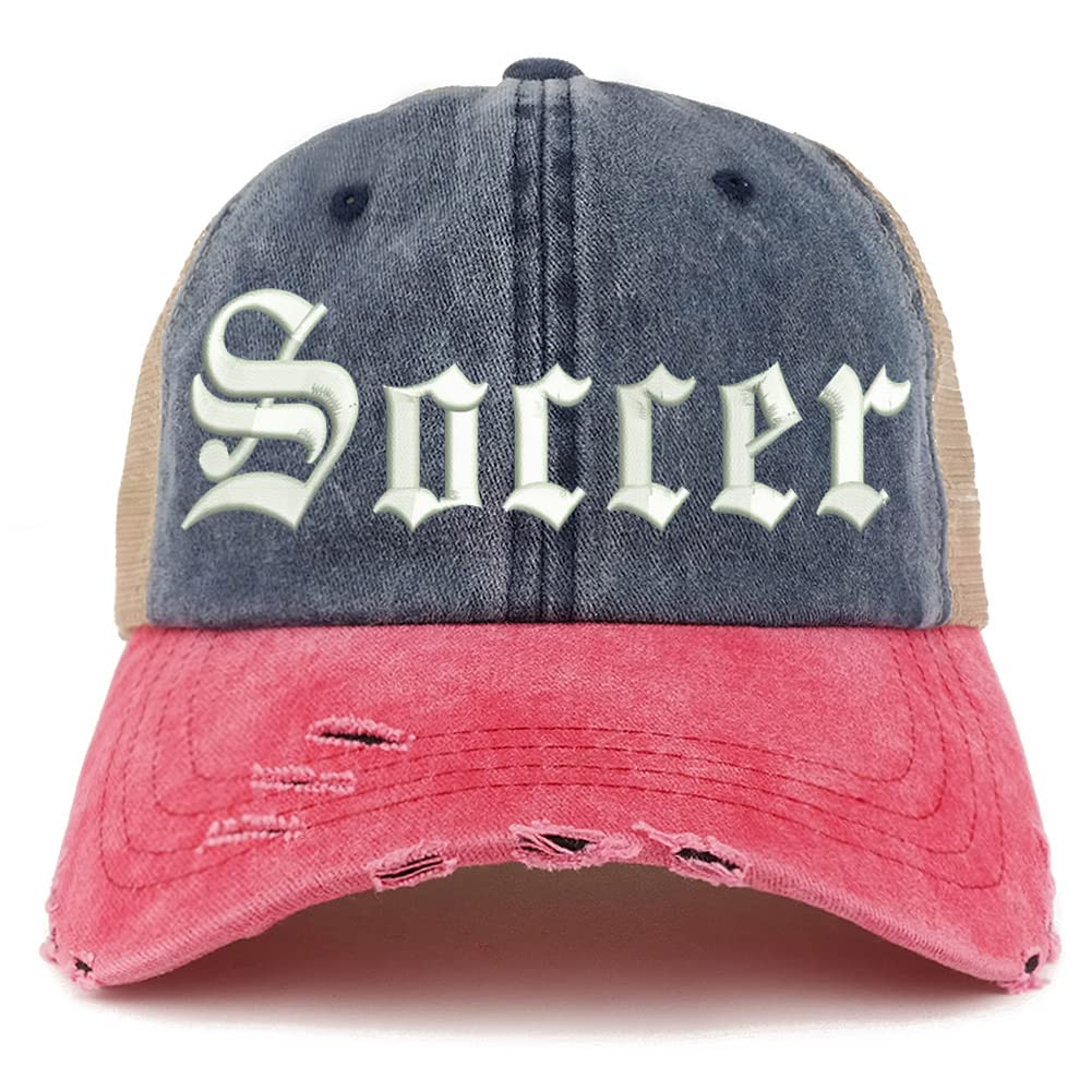 Trendy Apparel Shop Old English Soccer Frayed Bill Trucker Mesh Back Cap