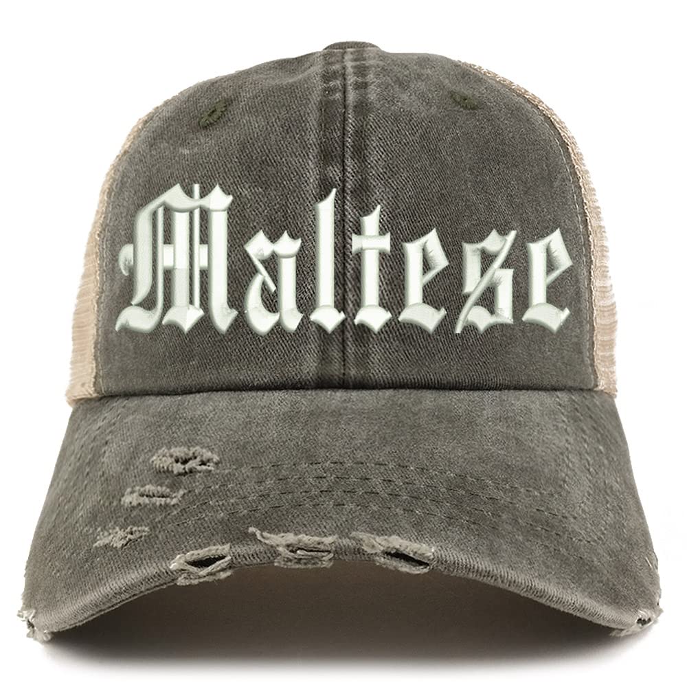 Trendy Apparel Shop Old English Maltese Frayed Bill Trucker Mesh Back Cap