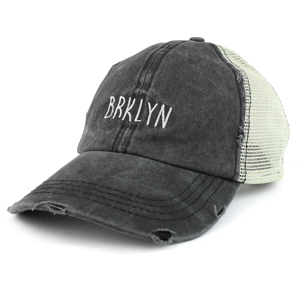 Trendy Apparel Shop Brklyn Embroidered Unstructured Washed Frayed Trucker Mesh Cap