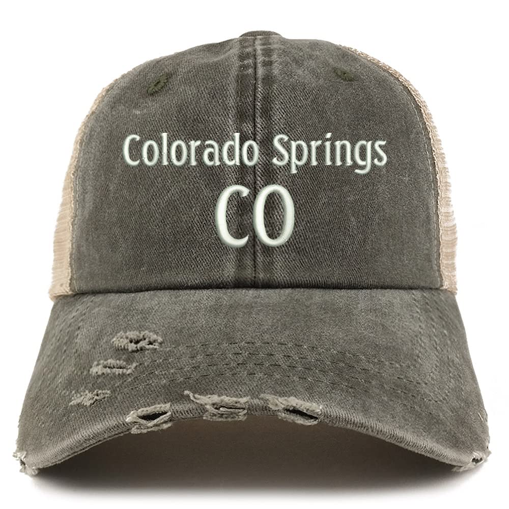 Trendy Apparel Shop Colorado Springs CO Embroidered Frayed Bill Trucker Mesh Back Cap