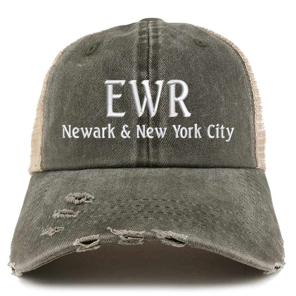 Trendy Apparel Shop EWR Newark and New York City Embroidered Frayed Bill Trucker Mesh Back Cap