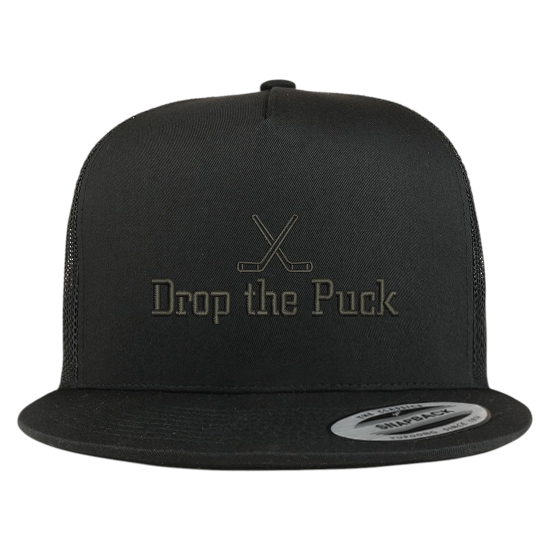 Trendy Apparel Shop Drop the Puck Embroidered 5 Panel Flatbill Trucker Mesh Cap