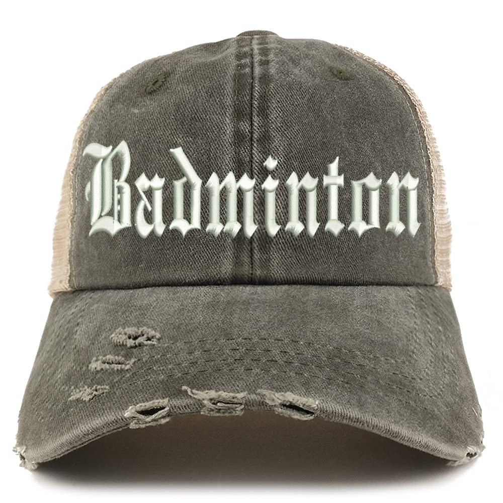 Trendy Apparel Shop Old English Badminton Frayed Bill Trucker Mesh Back Cap