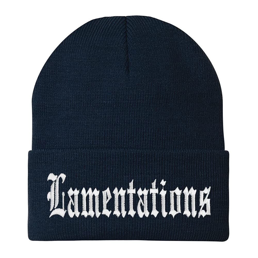 Trendy Apparel Shop Lamentations Old English Embroidered Long Cuff Beanie