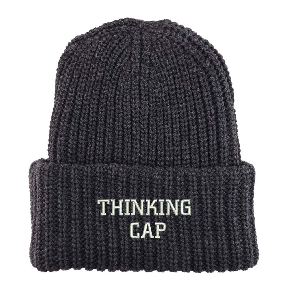 Trendy Apparel Shop Thinking Cap Embroidered Long Cuffed Thick Ribbed Beanie