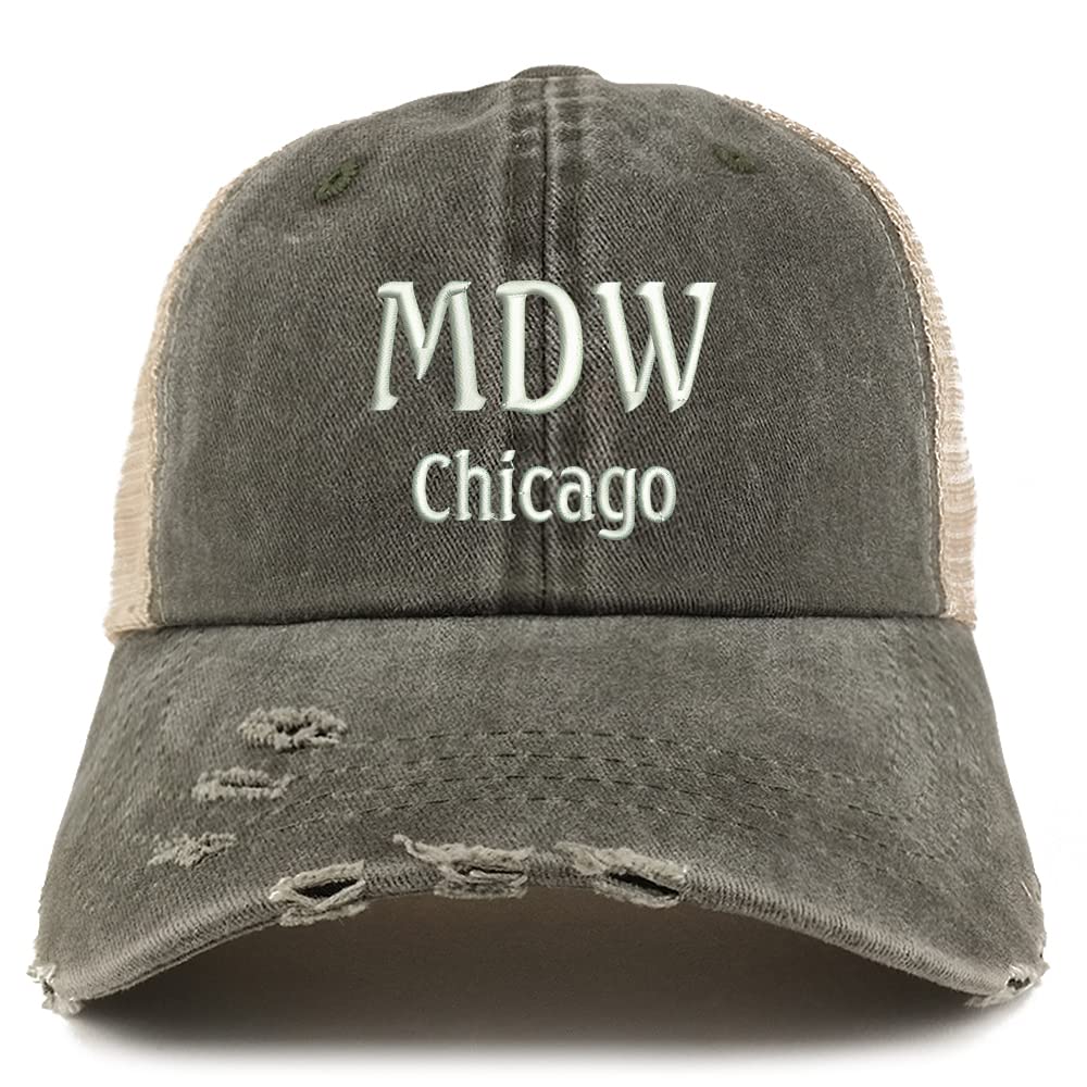 Trendy Apparel Shop MDW Chicago Embroidered Frayed Bill Trucker Mesh Back Cap