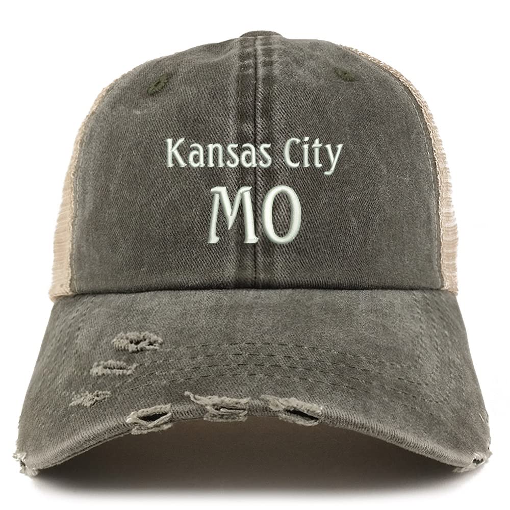 Trendy Apparel Shop Kansas City MO Embroidered Frayed Bill Trucker Mesh Back Cap