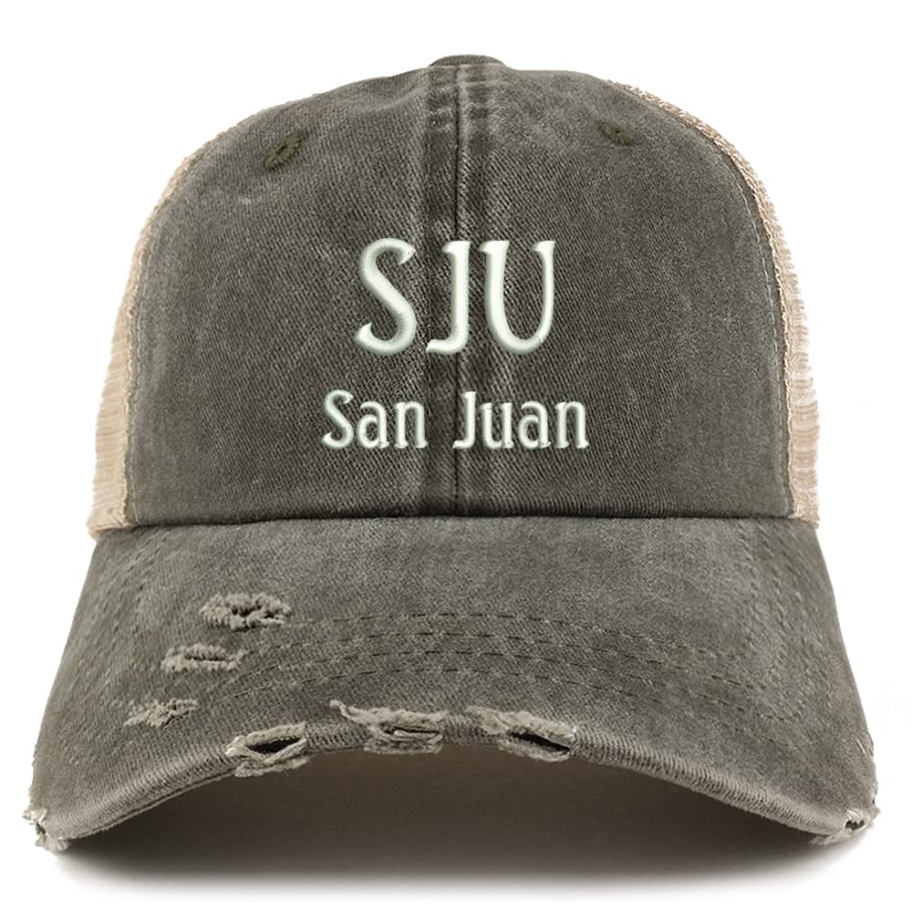 Trendy Apparel Shop SJU San Juan Embroidered Frayed Bill Trucker Mesh Back Cap