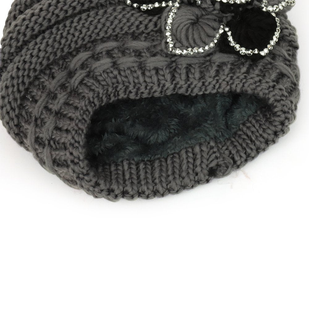 Trendy Apparel Shop Studded Floral Knitted Fleece Lined Beanie and Knit Scarf Set 2PC