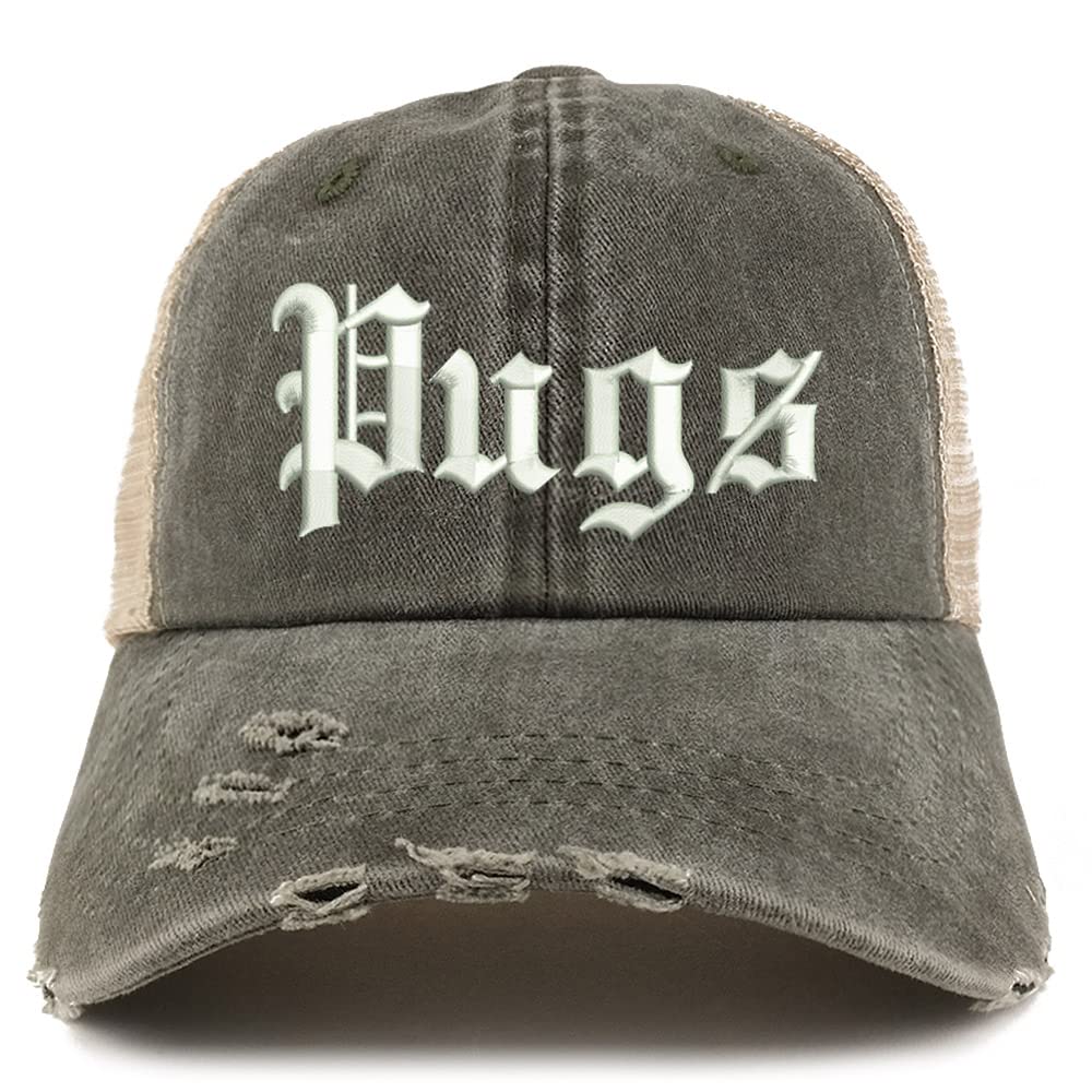 Trendy Apparel Shop Old English Pugs Frayed Bill Trucker Mesh Back Cap
