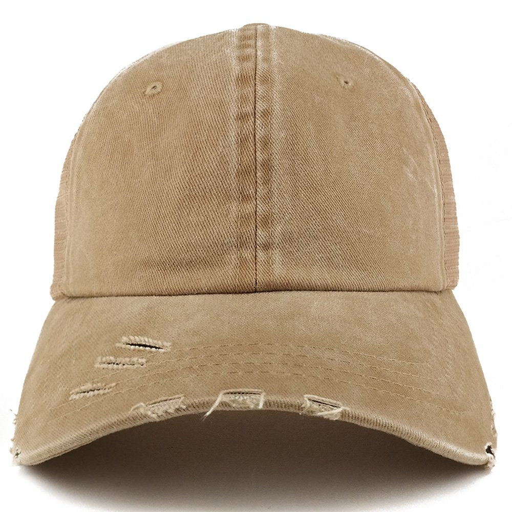 Trendy Apparel Shop Pigment Dyed Front Mesh Back Frayed Bill Trucker Cap
