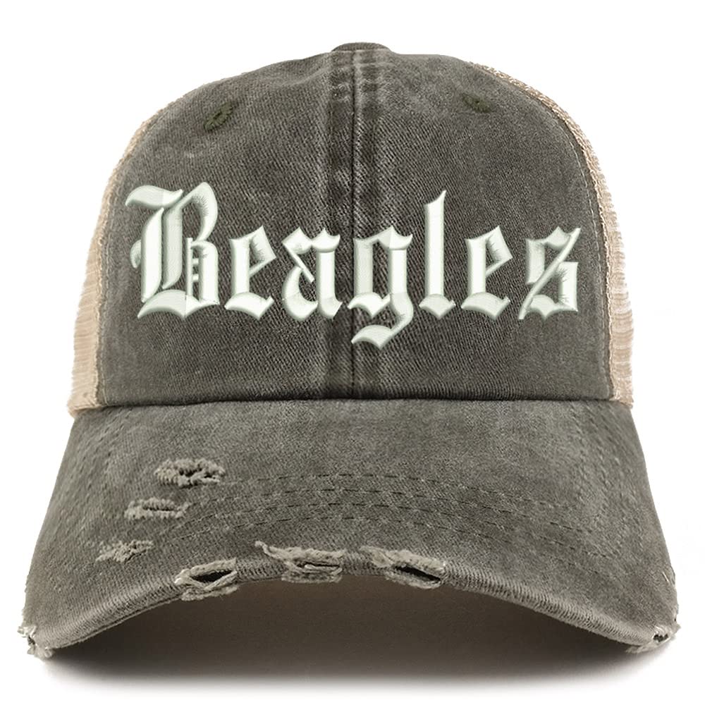 Trendy Apparel Shop Old English Beagles Frayed Bill Trucker Mesh Back Cap