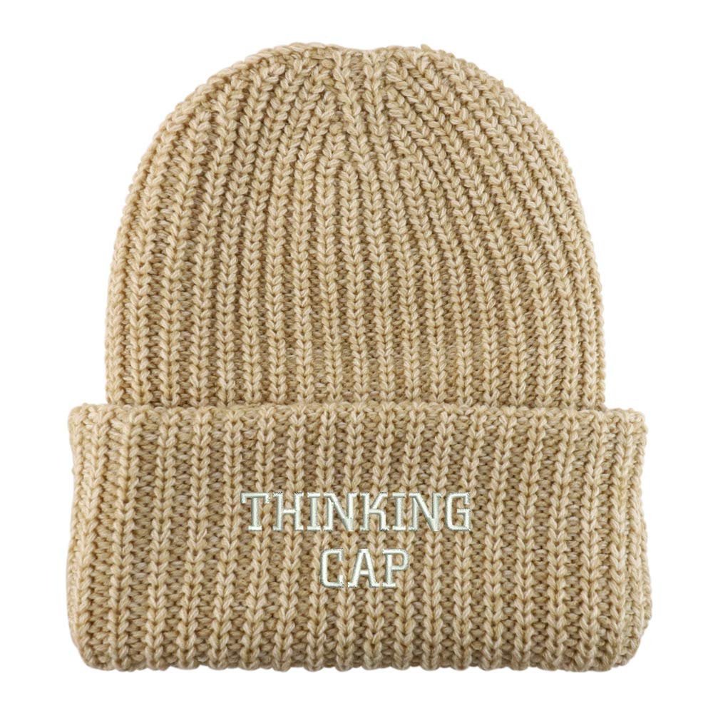 Trendy Apparel Shop Thinking Cap Embroidered Long Cuffed Thick Ribbed Beanie