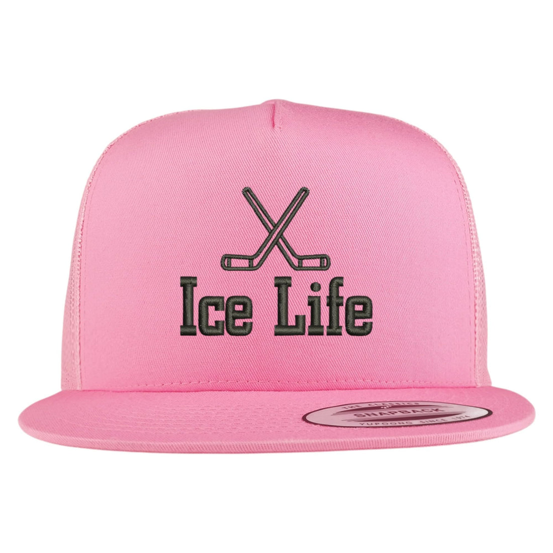Trendy Apparel Shop Hockey Ice Life Embroidered 5 Panel Flatbill Trucker Mesh Cap