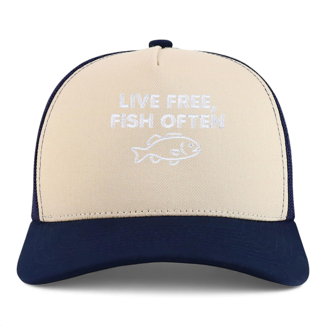 Trendy Apparel Shop Live Free, Fish Often Embroidered 5 Panel Snapback Trucker Cap