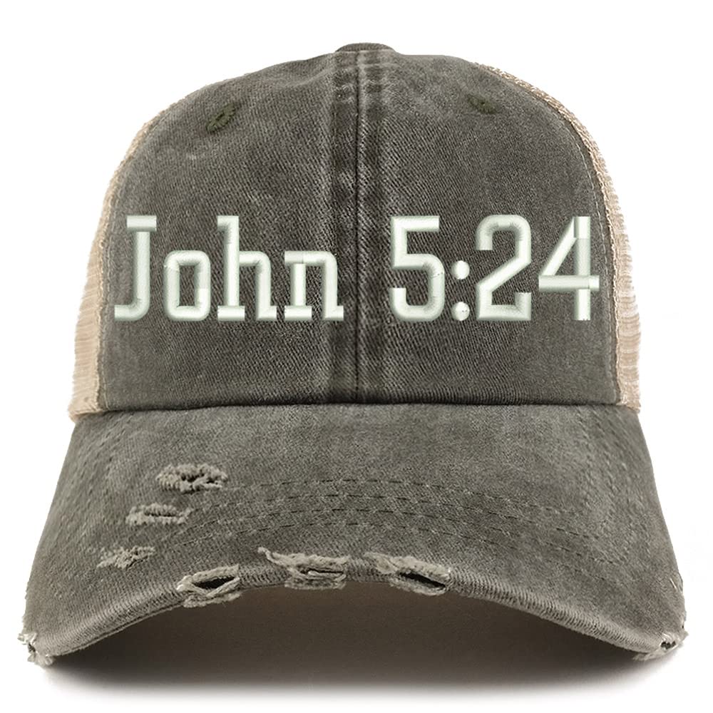Trendy Apparel Shop John 5:24 Frayed Bill Trucker Mesh Back Cap