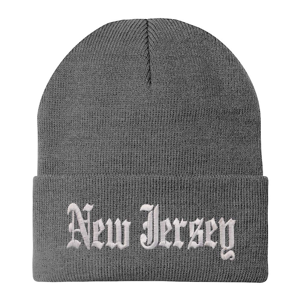 Trendy Apparel Shop New Jersey State Old English Embroidered Long Cuff Beanie