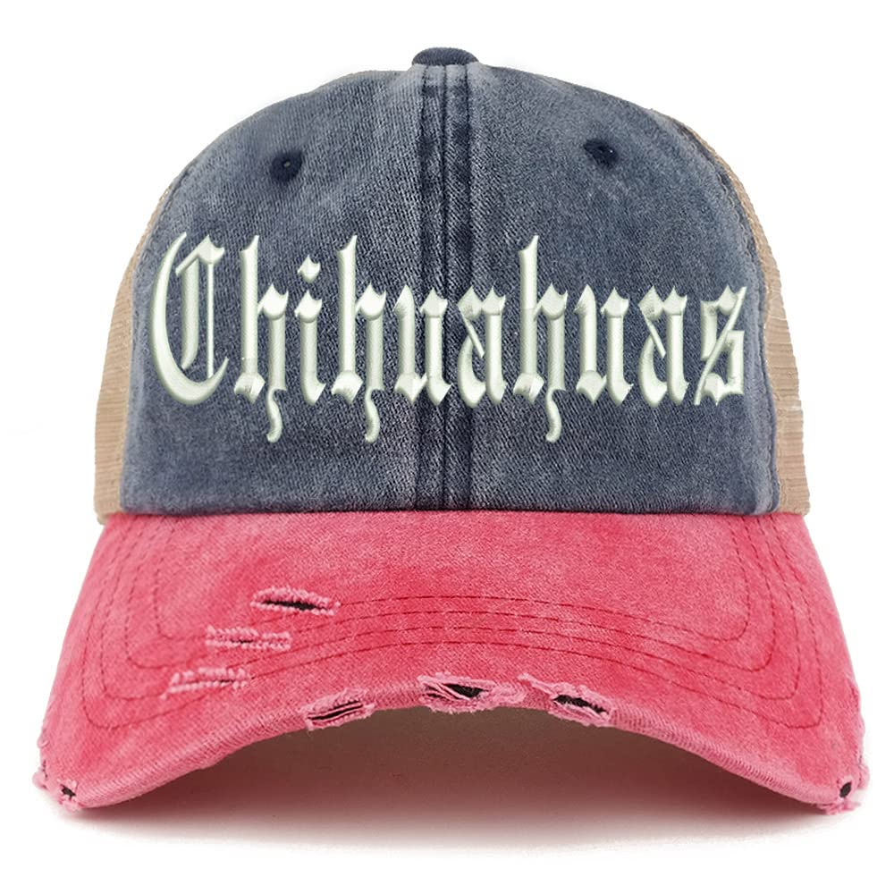 Trendy Apparel Shop Old English Chihuahuas Frayed Bill Trucker Mesh Back Cap