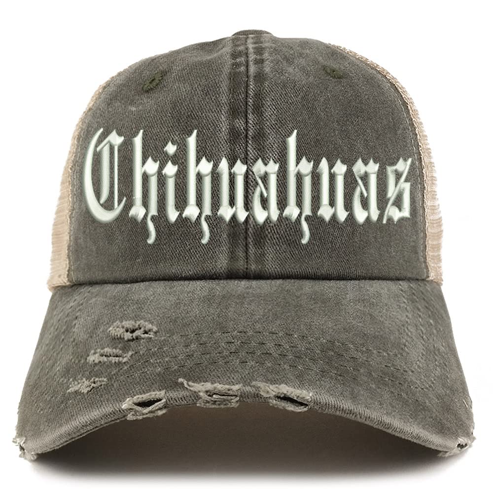 Trendy Apparel Shop Old English Chihuahuas Frayed Bill Trucker Mesh Back Cap