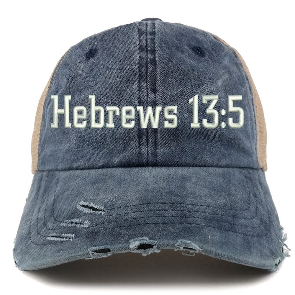 Trendy Apparel Shop Hebrews 13:5 Frayed Bill Trucker Mesh Back Cap