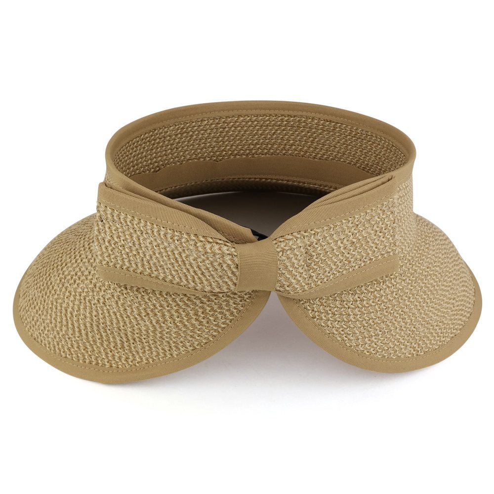 Trendy Apparel Shop Womens UPF 50+ Paper Braid Rolled UV Protection Visor Hat with Bow