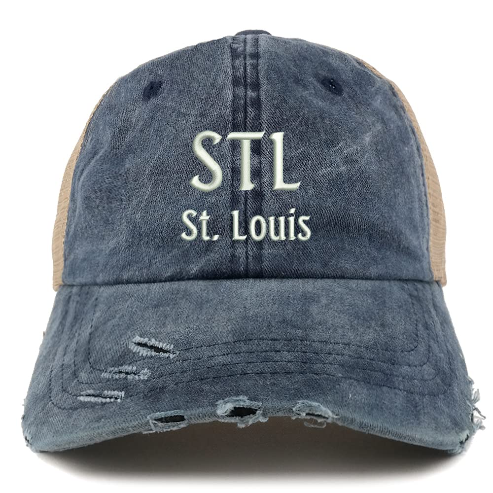 Trendy Apparel Shop STL St. Louis Embroidered Frayed Bill Trucker Mesh Back Cap