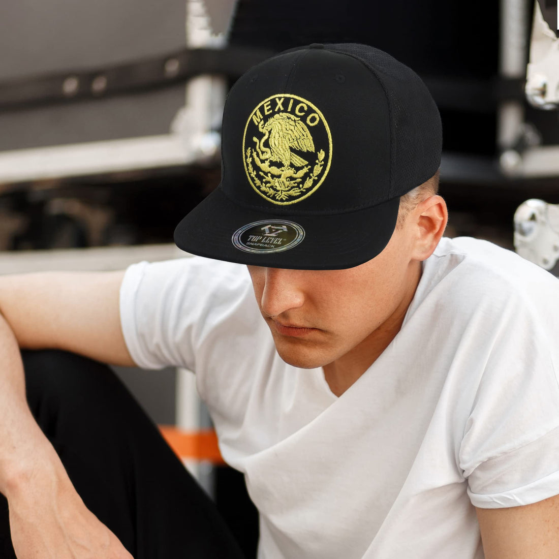 Trendy Apparel Shop City of Mexico Eagle Embroidered Flatbill Trucker Mesh Cap