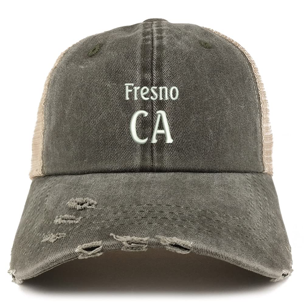 Trendy Apparel Shop Fresno CA Embroidered Frayed Bill Trucker Mesh Back Cap