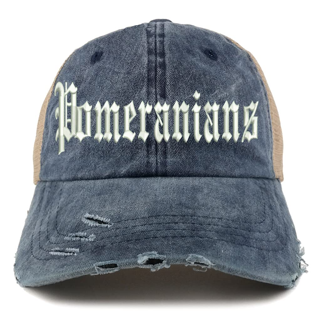 Trendy Apparel Shop Old English Pomeranians Frayed Bill Trucker Mesh Back Cap