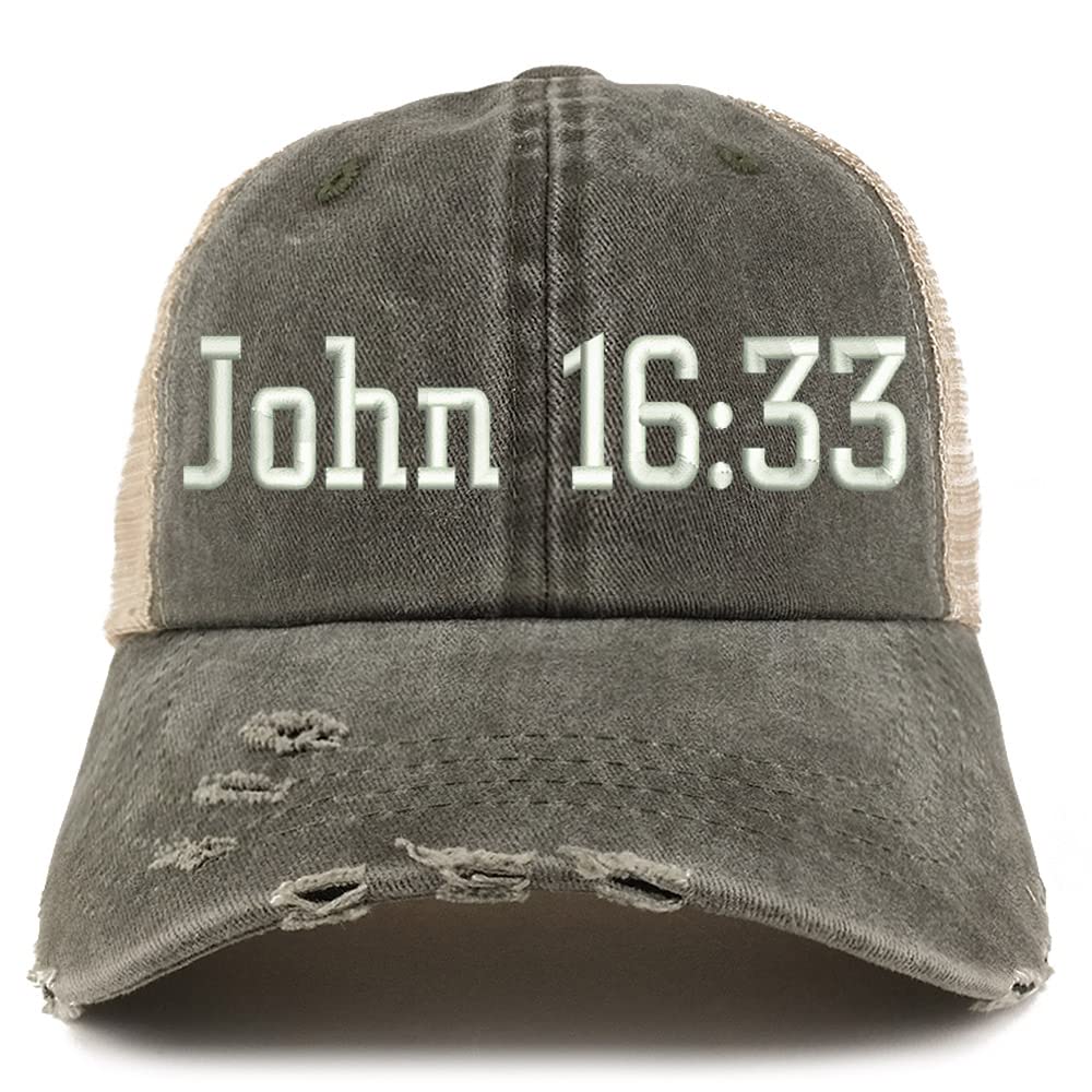 Trendy Apparel Shop John 16:33 Frayed Bill Trucker Mesh Back Cap