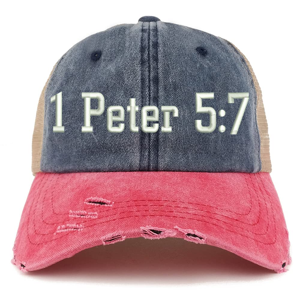 Trendy Apparel Shop 1 Peter 5:7 Frayed Bill Trucker Mesh Back Cap