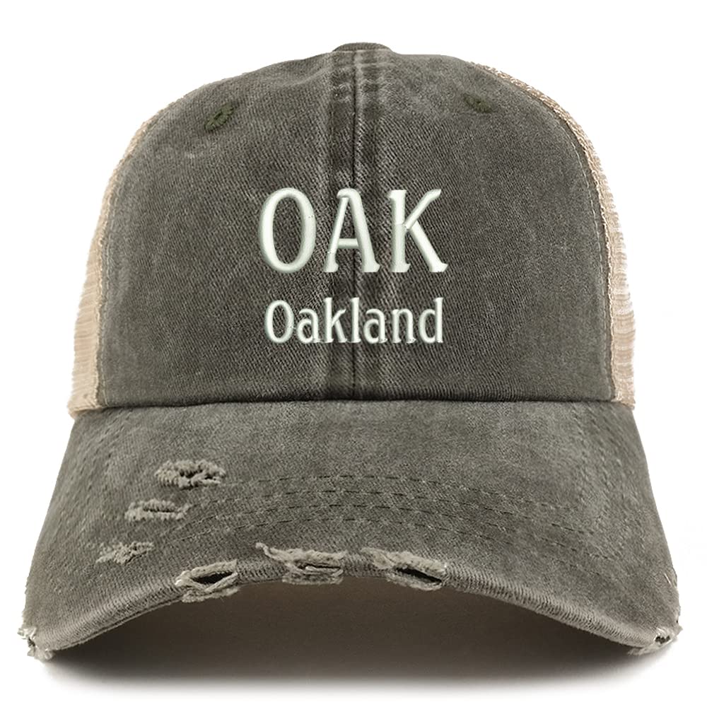 Trendy Apparel Shop Oak Oakland Embroidered Frayed Bill Trucker Mesh Back Cap