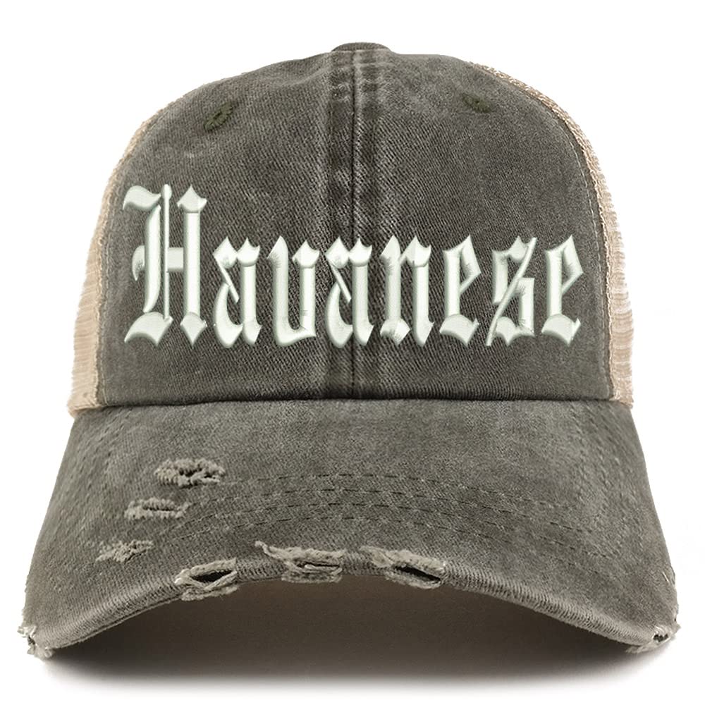 Trendy Apparel Shop Old English Havanese Frayed Bill Trucker Mesh Back Cap