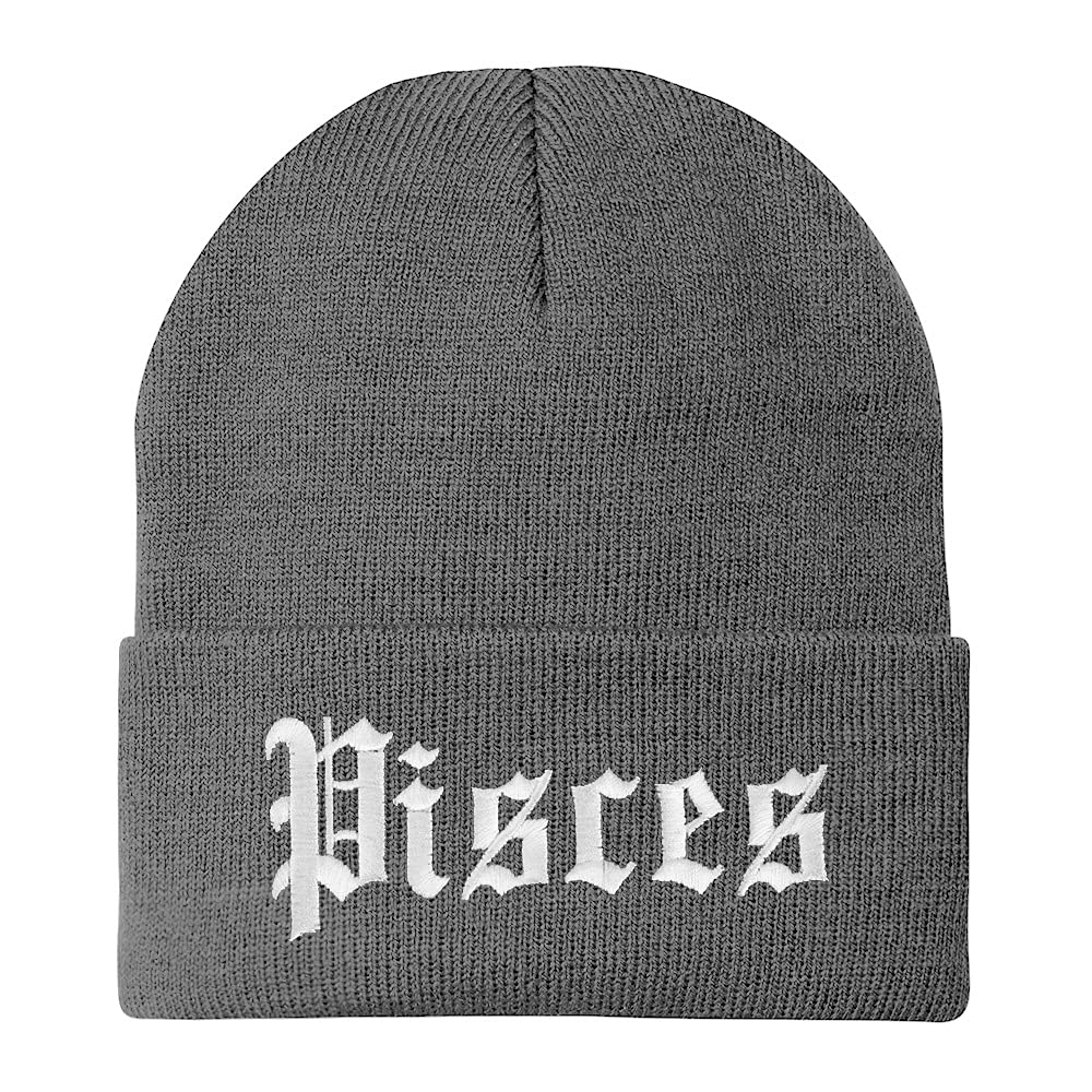 Trendy Apparel Shop Pisces Old English Embroidered Long Cuff Beanie